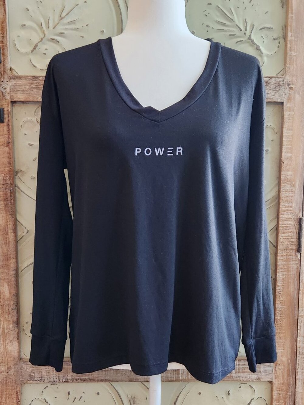 Lovers of hYOUmanity "POWER" Black V-Neck Long Sleeve Tee| Good hYOUMan | Small
